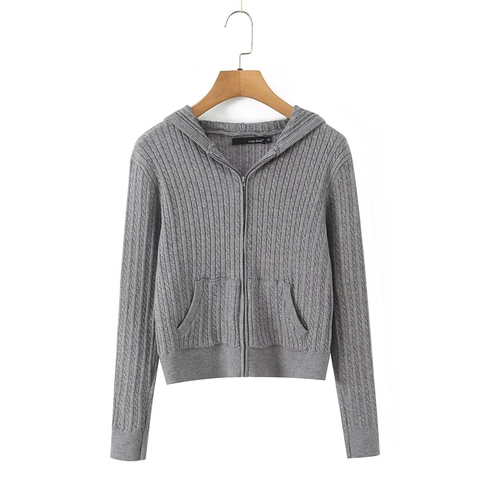 Cárdigan De Punto Trenzado Con Capucha Para Mujer Suéter Con Cremallera Manga Larga Ropa De Calle Casual