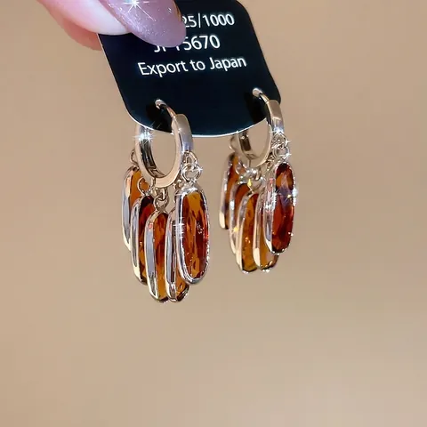 Pendientes De Aro Colgantes Ovalados De Cristal Ámbar Retro Con Poste De Plata Esterlina 925 Joyas Elegantes Para Mujeres