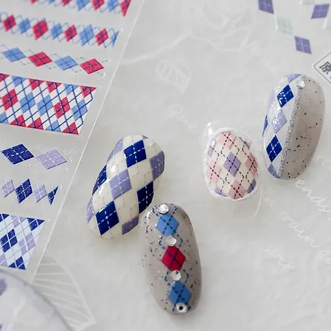 Argyle Pattern Embossed Nail Art Stickers Ultra Thin Adhesive Manicure Decals British Style DIY Decoration