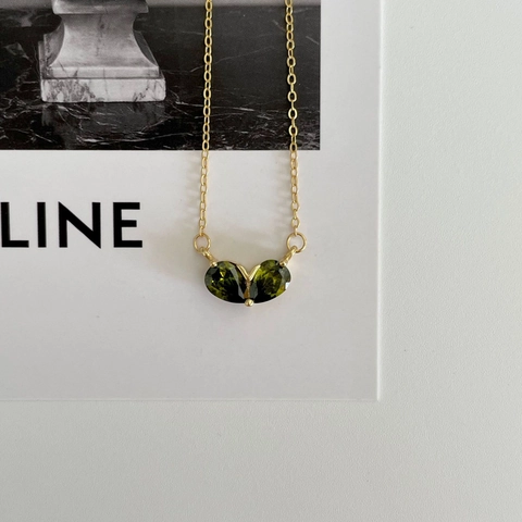 Emerald Green Heart Zirconia Pendant Necklace 925 Sterling Silver Chain French Vintage Jewelry For Women