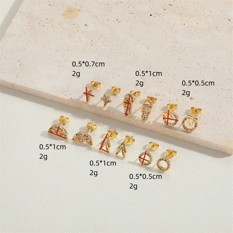 Minimalist Copper Multi Color Zirconia Star Moon Bow Arrow Slipper Geometric Shape Stud Earrings Gold Plated Jewelry Women