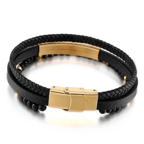 Bracciale Multistrato Da Uomo Acciaio Inossidabile Pelle Intrecciata Perline Polsino Stile Punk Gioielli Accessori