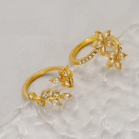 Stainless Steel Ring 18K Gold Plated Flower Leaf Zircon Micro Pave Open Adjustable Jewelry For Women
