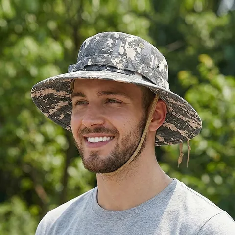 Outdoor Camouflage Boonie Hat Wide Brim Sun Protection Breathable Cotton Fishing Hiking Adjustable Windproof Strap