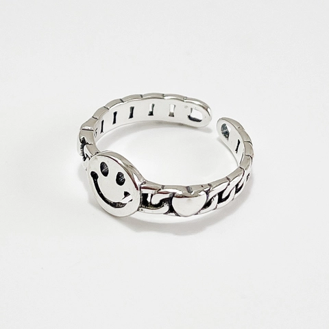 Anello Con Faccina Sorridente Cuore Argento Sterling 925 Catena Vintage Anello Aperto Regolabile Gioielli Moda Retro