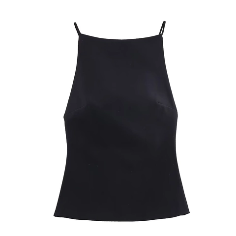 Women Sleeveless Cami Top Polyester Slim Fit Back Big Bow Spaghetti Strap Solid Black Casual Fashion Streetwear