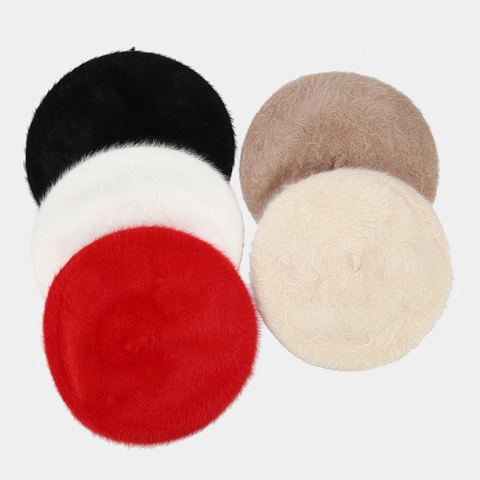 Basco In Maglia Di Pelo Di Coniglio Per Donna Inverno Caldo Peluche Stile Vintage Francese Elegante Colore Solido