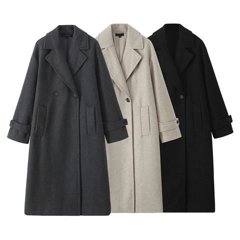 Women Long Woolen Coat Double Breasted Notched Lapel Loose Fit Solid Color Casual Winter Outerwear Overcoat