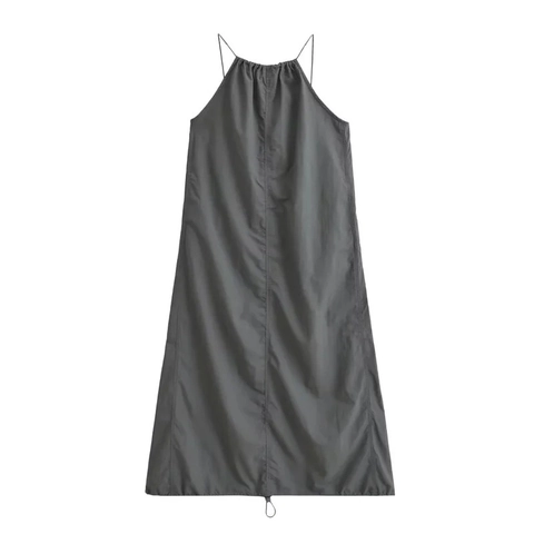 Halter Neck Maxi Dress Sleeveless Thin Straps Backless Ruched Neckline Adjustable Drawstring Polyester Solid Color Elegant Fashion Loose For Women