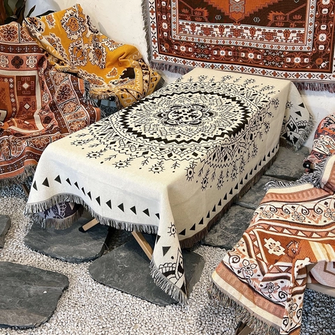 Μποέμ Βαμβακερή Πλεκτή Κουβέρτα Με Φούντες Μαντάλα Γεωμετρικό Σχέδιο Ριχτάρι Καναπέ Για Κάμπινγκ Πικνίκ Διακόσμηση