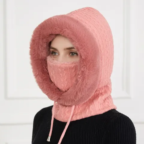 Winter Integrated Hooded Scarf Hat Knitted Polyester Faux Fur Trim Thicken Thermal Windproof Face Mask Neck Warmer Women