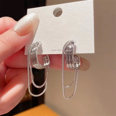 Geometric Multi-Layer Chain Long Tassel Drop Earrings Alloy Jewelry With 925 Sterling Silver Earring Post For Women