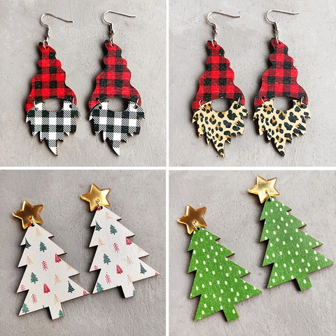 Orecchini Pendenti Albero Di Natale E Gnomo Legno Quadri Stampa Leopardata Gioielli Festa Stile Boho Per Donna Festivo
