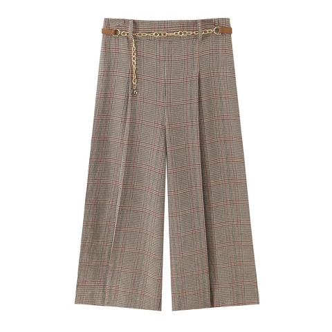 Pantalones de Cintura Alta Pierna Ancha Pata de Gallo Cortos Para Mujer Con Cinturón de Cadena Dorada Vintage Cuadros Casual Otoño