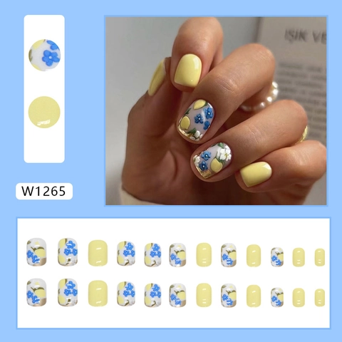 Glanzende Press On Nagels Gele Citroen Retro Bloemenprint Kort Vierkant Rond Volledige Dekking Kunstnagels Zomer Vrouwen
