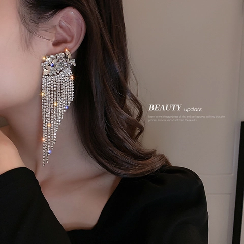 Lange Kwastje Oorbellen Met Strass Bloem En Legering Met Zilveren Oorsteker Elegante Bruiloft Sieraden Voor Vrouwen