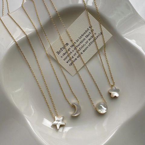 Pendant Necklace Mother Of Artificial Pearl Copper 14K Gold Plated Star Moon Round Flower Minimalist Elegant Jewelry Women