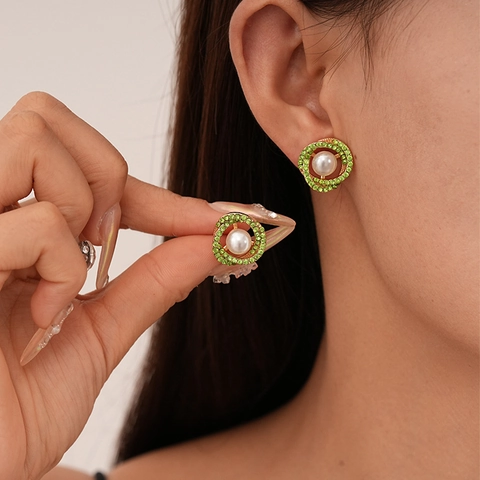 Vintage Double Circle Stud Earrings With Faux Artificial Pearl Rhinestone Inlaid And Silver Earring Post For Women
