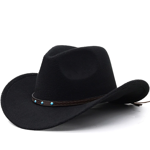 Western Cowboy Hat Vintage Wide Brim Polyester Felt Fedora With Leather Belt Turquoise Beads For Men Women