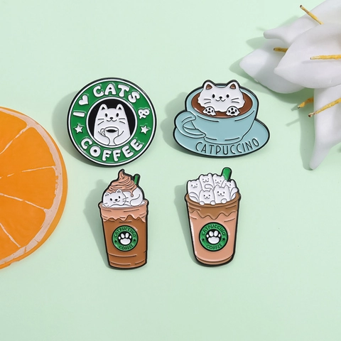 Cartoon Katze Kaffee Emaille Pin Abzeichen Zinklegierung Catpuccino Reversnadel Dekorative Brosche Für Kleidung Taschen Unisex Schmuck Geschenk