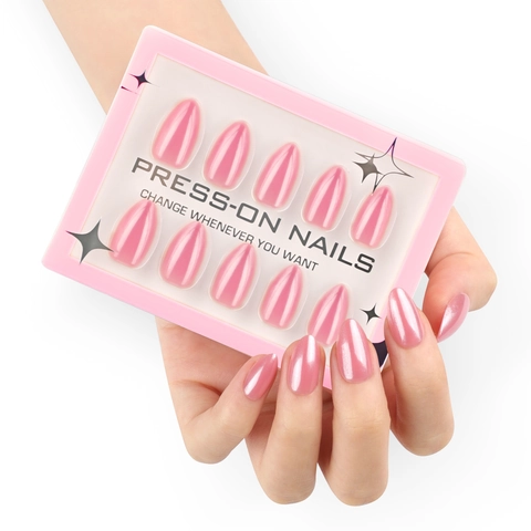 Unghie Finte A Pressione Rosa Perla Artificialto Finitura Polvere Specchio Forma Mandorla Stiletto Lucido Elegante Per Donne