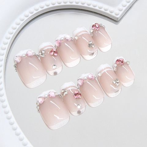 Press On Nails Handmade French White Tip Nude Pink With Rhinestone Heart And Artificial Pearl Reusable Sweet Elegant For Women