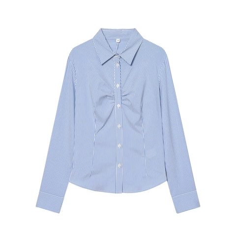 Dames Blouse Met Lange Mouwen Ruched Geplooide Voorzijde Shirt Reverskraag Gestreept Wit Slim Fit Mode Casual Tops