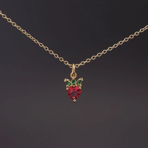 Fruit Pendant Necklace Gold Plated Copper Colorful Zircon Strawberry Pineapple Cactus Adjustable Chain For Women