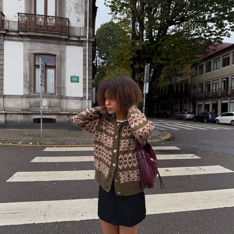 Cardigan En Tricot Jacquard Vintage Pour Femmes Motif Géométrique Manches Longues Col Rond Pull Décontracté