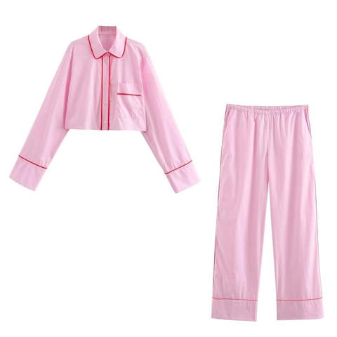 Damen Loungewear Pyjama Stil Popeline Kurz Geschnittenes Langarmshirt Und Hose Mit Hoher Taille Kontrastpaspel Gestreift