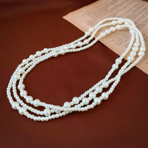 Elegant Multi Layer Long Artificial Pearl Necklace For Women Vintage Niche Style Alloy Imitation Artificial Pearl Sweater Chain