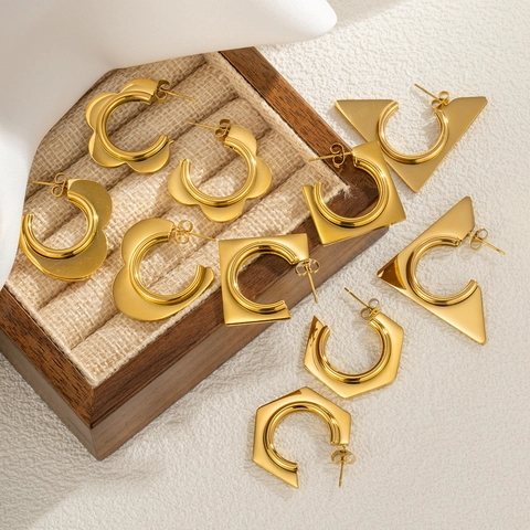 Geometric Hoop Earrings 18K Gold Plated Stainless Steel Scalloped Wave Square Triangle Minimalist Jewelry For Women