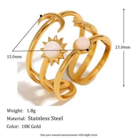 Celestial Verstellbarer Offener Ring 18K Vergoldeter Edelstahl Sonne Mond Stern Design Mit Weißen Steinen