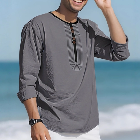 Men Henley Shirt Cotton Linen Long Sleeve Breathable Casual Beach Style Vintage Plain Tops
