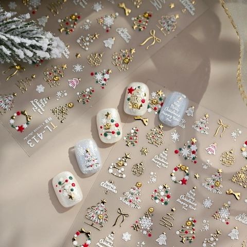 Christmas Nail Stickers 3D Relief Embossed Gold Colorful Star Christmas Tree Bell Snowflake Winter Holiday DIY Decoration