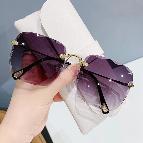 Lunettes De Soleil Sans Monture Pour Femmes Mode Bord Festonné Verres Dégradés Cadre Métallique Protection UV