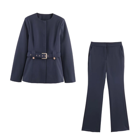 Women Elegant Blazer And Flared Pants Round Neck Belted Waist Slim Fit Business Office Lady Solid Color Polyester
