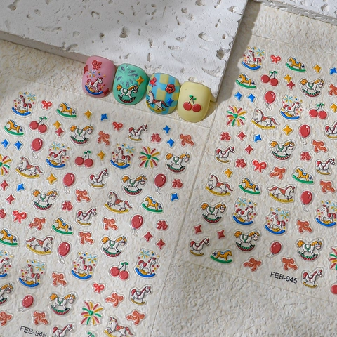 5D Embossed Nail Stickers Rocking Horse Cherry Bow Star Decorative Self Adhesive Decals DIY Manicure Art Cartoon Cute