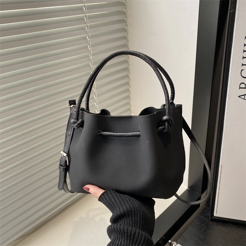 Retro Bucket Bag Matte PU Suede Handbag Coiled Knot Handle Adjustable Shoulder Strap Crossbody For Women Commute