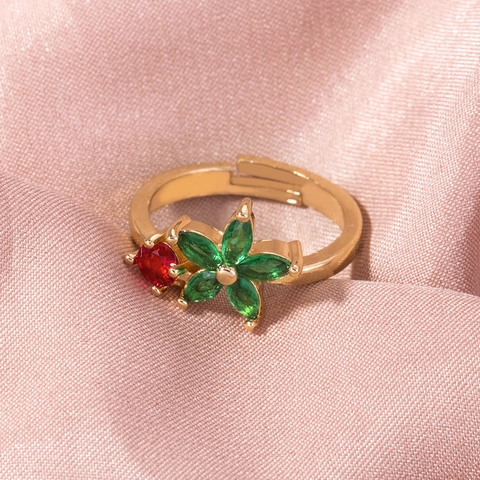 Anello Fiore Verde Marquise Rosso Zirconia Placcato Oro Rame Regolabile Aperto Per Donne
