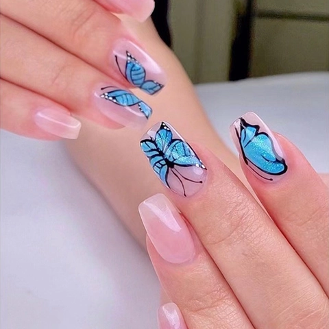 Faux Ongles Press On Papillon Bleu Paillettes Carrés Rose Nude Pour Femmes Style Français Élégant
