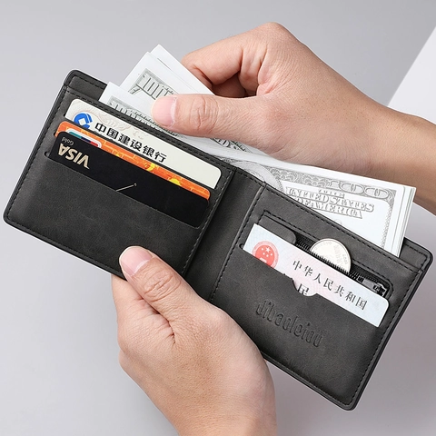 Portefeuille Homme Bifold Cuir PU Mat Court Mince Avec Poche Monnaie Zippée Fentes Pour Cartes Style Vintage