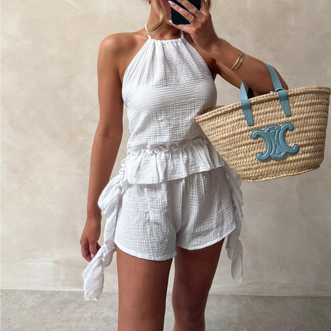Dames Zomer Halter Top En Shorts Wit Crinkle Stof Rugloos Mouwloos Elastische Taille Casual Vakantie Sexy