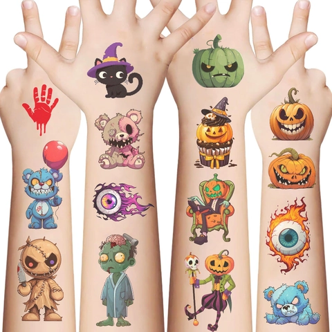 Halloween Temporary Tattoo Stickers Waterproof Cartoon Pumpkin Ghost Zombie Body Art For Kids Party Favors