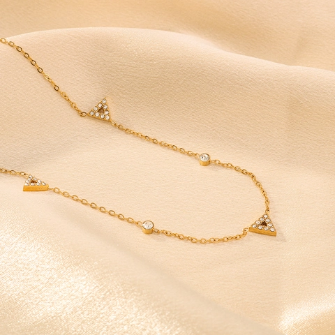Minimalist Stainless Steel Necklace For Women 18K Gold Plated Geometric Triangle Pendants Micro Pave Cubic Zirconia