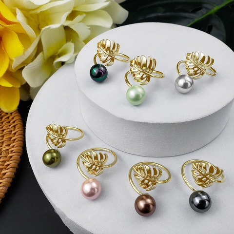 Hawaiian Style Monstera Leaf Adjustable Open Ring For Women Copper Gold Plated Artificial Pearl Tropical Finger Ring Jewelry