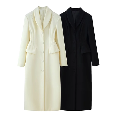 Women Long Slim Fit Woolen Coat Elegant Lapel Single Breasted Autumn Winter Outerwear Solid Casual Fashion