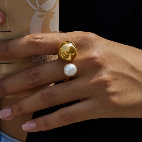 18K Gold Plated Stainless Steel Open Ring For Women With Large Ball And Artificial Pearl Geometric Adjustable Jewelry