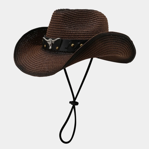 Western Cowboy Straw Hat With Metal Bull Head Leather Belt Adjustable Chin Strap Sun Protection Vintage Style