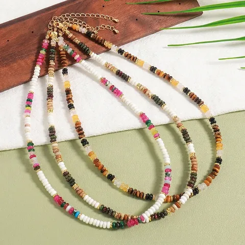 Bohemian Natural Stone Beaded Necklace Handmade Stainless Steel Retro Choker Jewelry Gift For Women